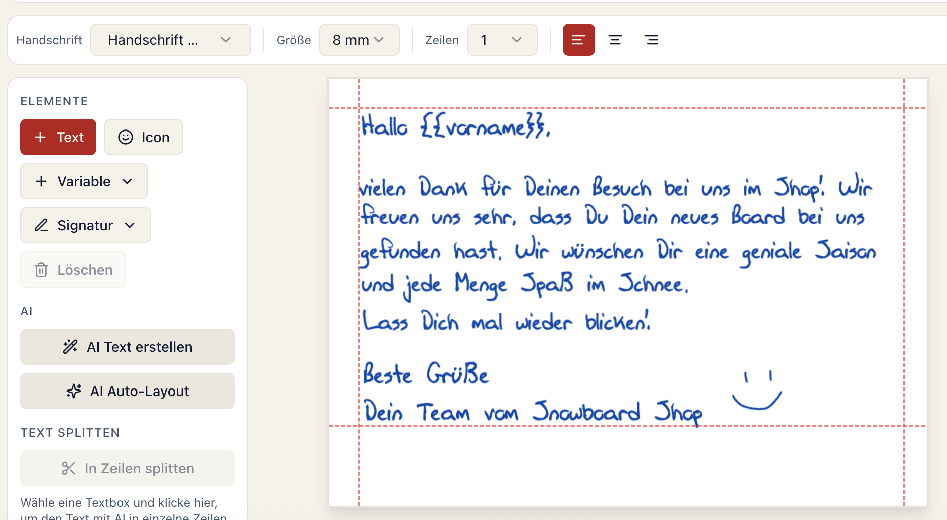 Briefheld Dashboard – Template-Editor